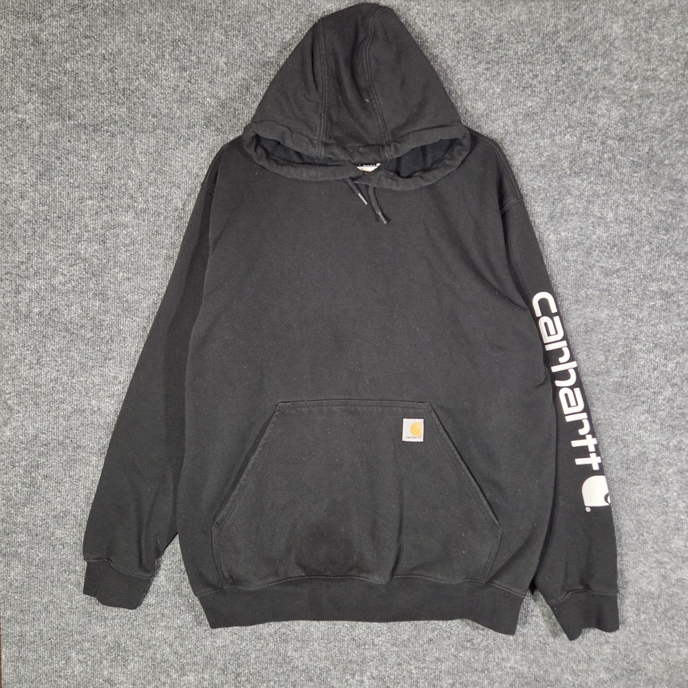 Carhartt Hoodie Men's Large Black Pullover Sweatshirt Sleeve Logo Workwear